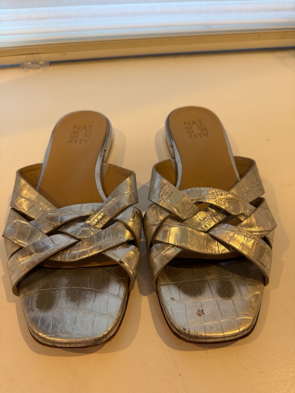 Naturalizer Metallic Silver Woven Slide Sandals - Women's size 10W wide - Picture 2 of 5